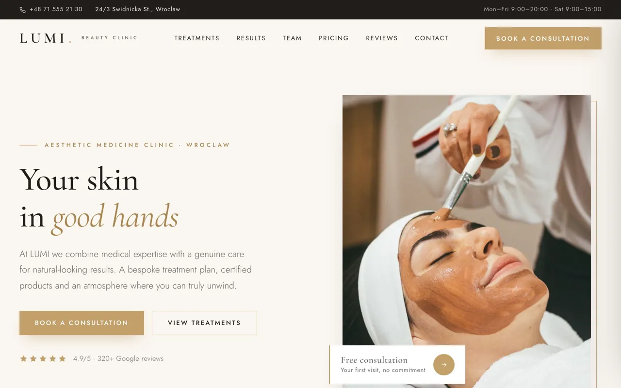 Website example for an aesthetic and beauty clinic