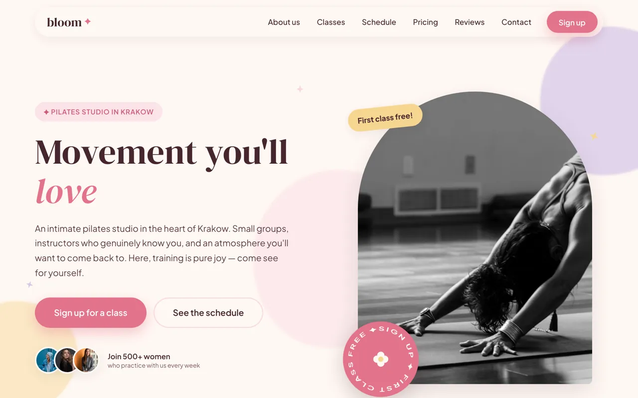 Website example for a Pilates studio, soft and welcoming style
